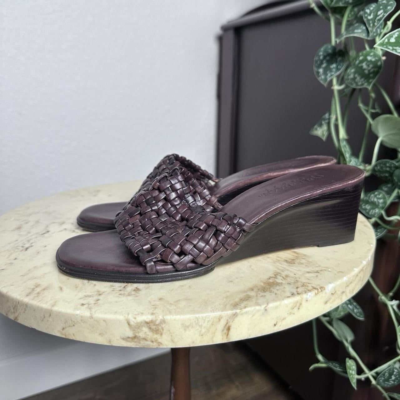 Vintage Woven Leather Brown Wedge Kitten Heels Size 8