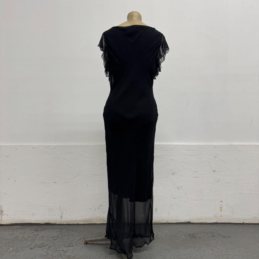 Vintage Y2K Botanical Noir 100% Silk Flutter Sleeve Gown