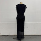 Vintage Y2K Botanical Noir 100% Silk Flutter Sleeve Gown