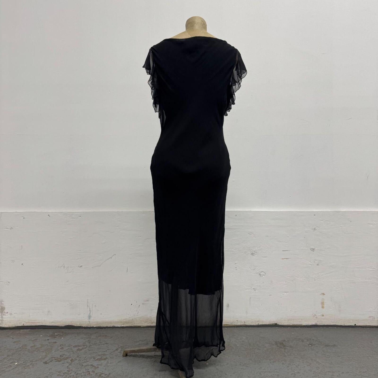 Vintage Y2K Botanical Noir 100% Silk Flutter Sleeve Gown