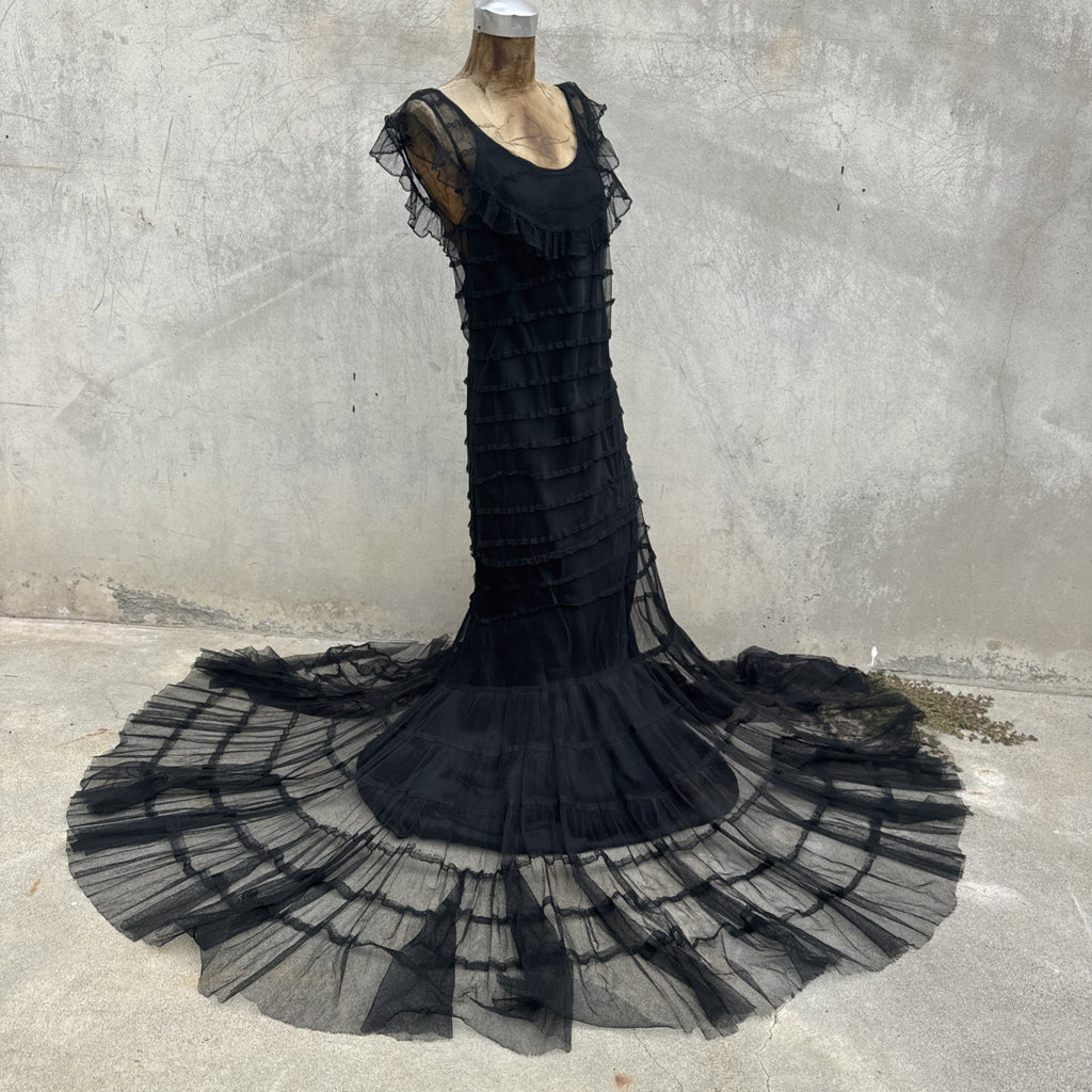 Vintage 1930s Black Mesh Net Gown Ruffles Low Back Bias Cut Art Deco Maxi Dress