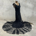 Vintage 1930s Black Mesh Net Gown Ruffles Low Back Bias Cut Art Deco Maxi Dress