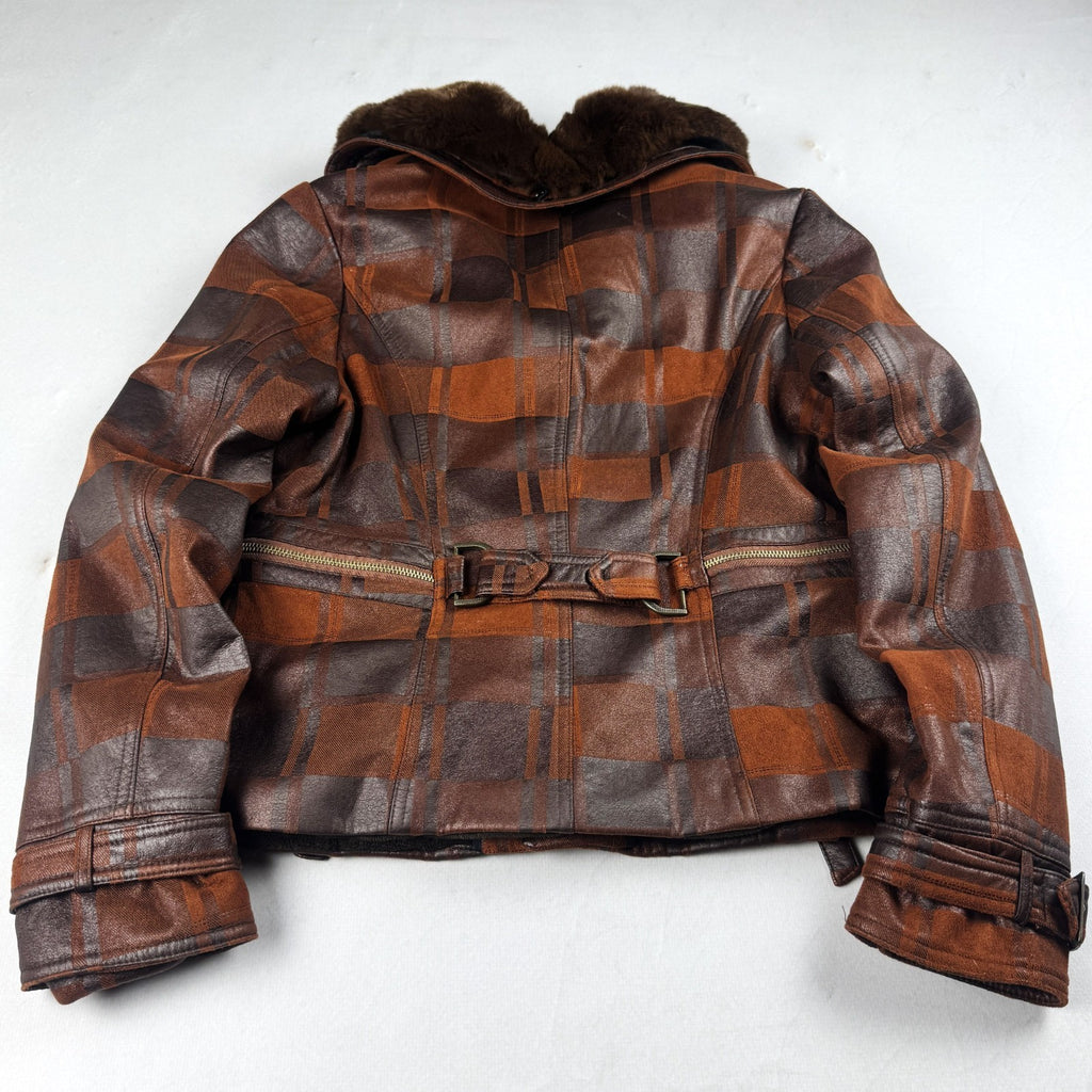 Vintage Brown Plaid Leather Jacket with Fur Collar
