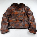 Vintage Brown Plaid Leather Jacket with Fur Collar