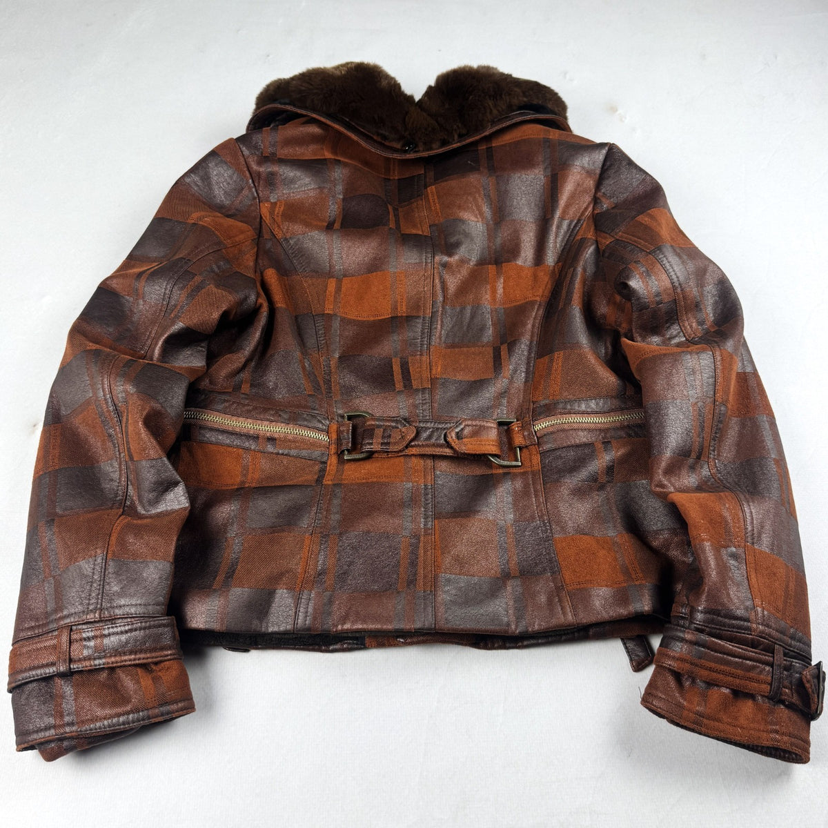 Vintage Brown Plaid Leather Jacket with Fur Collar