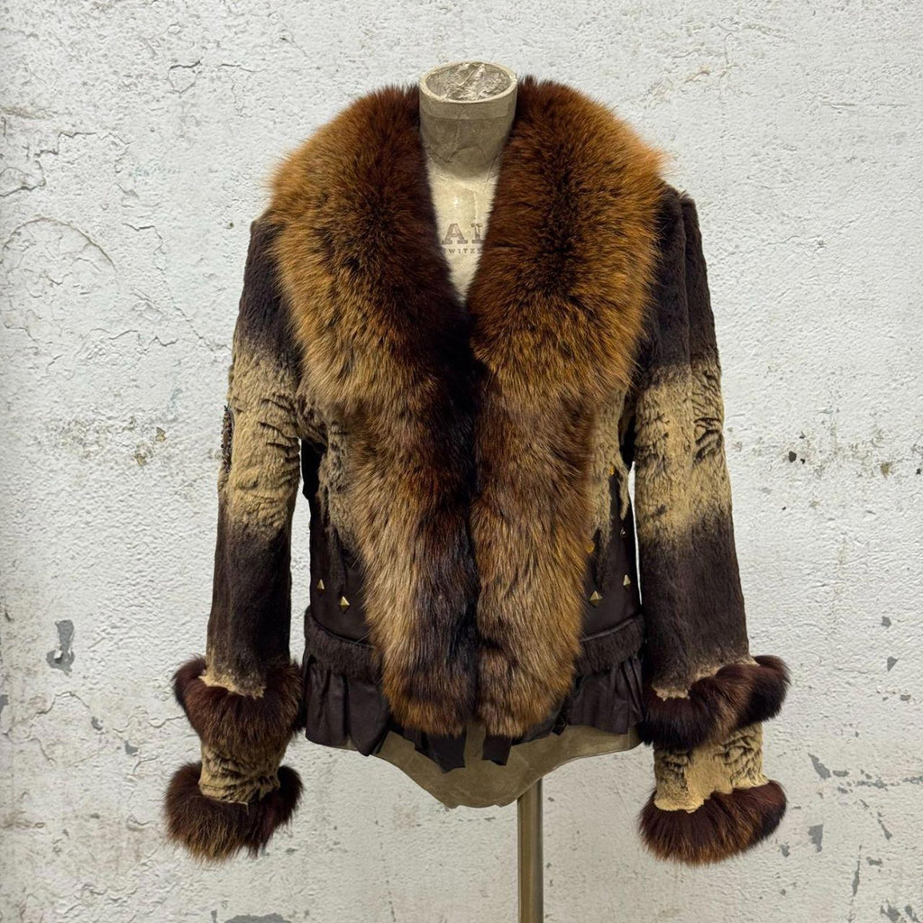 Vintage Brown Y2K Mixed-Media Embellished Real Fur & Leather Jacket