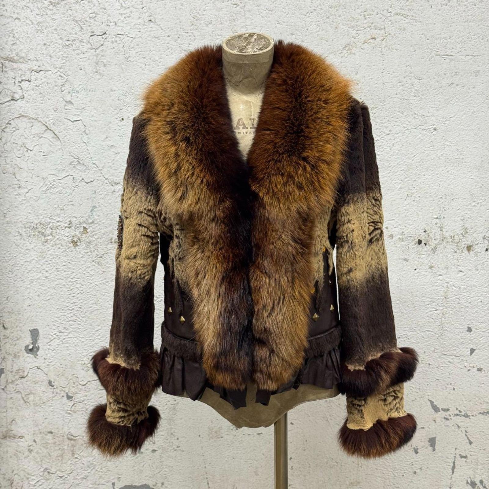 Vintage Brown Y2K Mixed-Media Embellished Real Fur & Leather Jacket