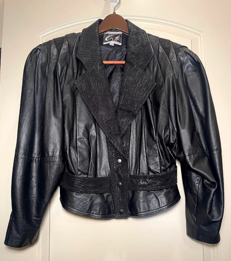 Global Identity GIII Vintage Leather Jacket, Puff shoulders, fitted waist SZ M