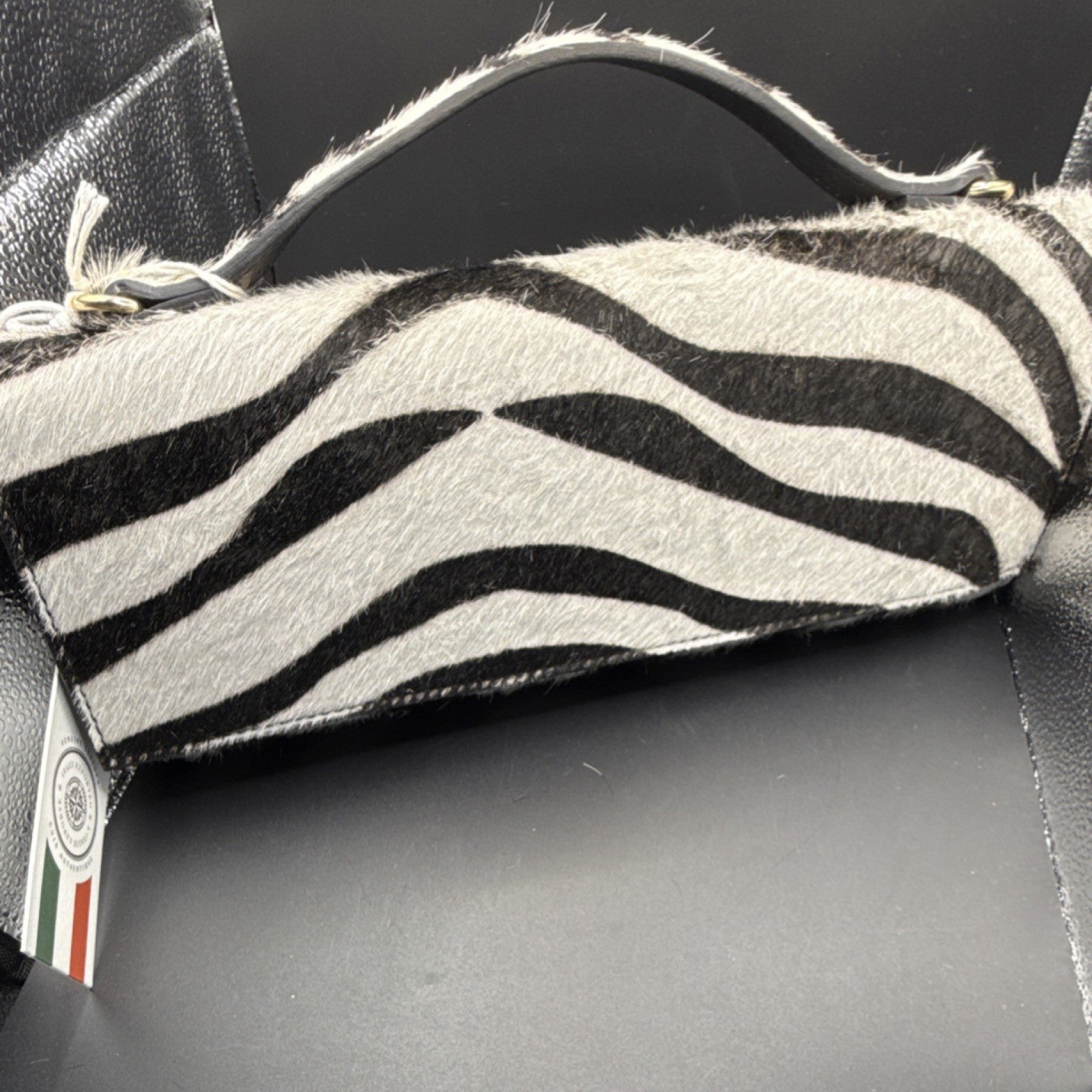 Viola Castellani Zebra Print Leather Fur Top Handle Bag