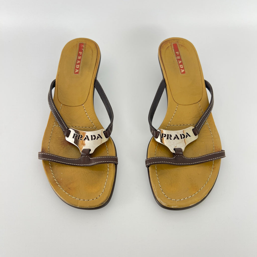 Prada | Auth Brown Leather Silver Logo Buckle Kitten Sandal Heels (34.5)