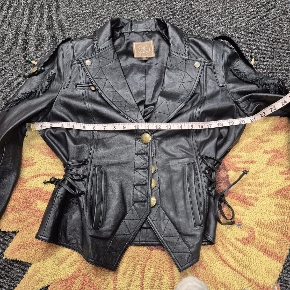 Double D Ranch Black Leather Fringe Beaded Moto Western Jacket Medium