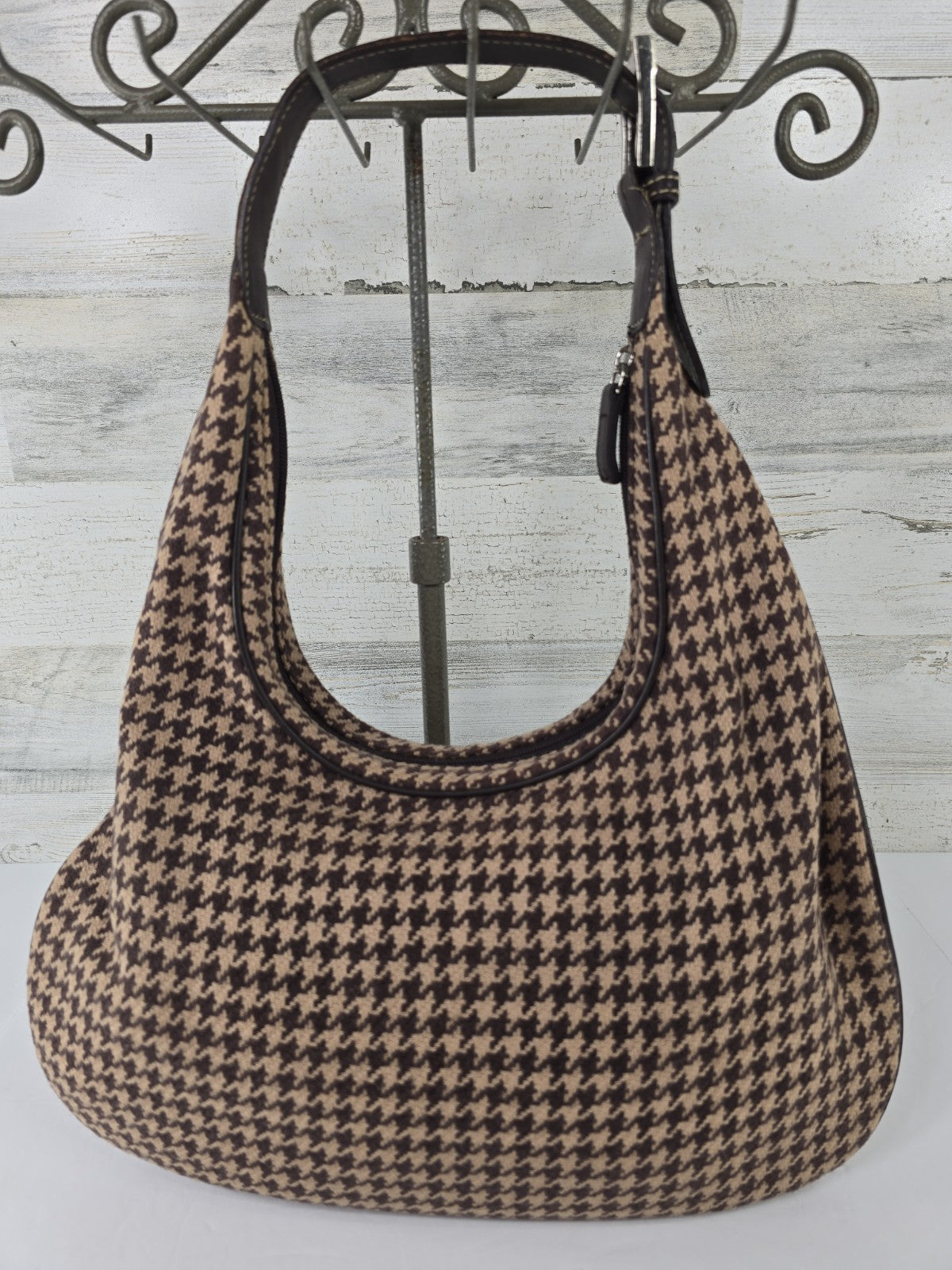 Lauren Ralph Lauren Brown Houndstooth Wool Blend Shoulder Bag Y2K