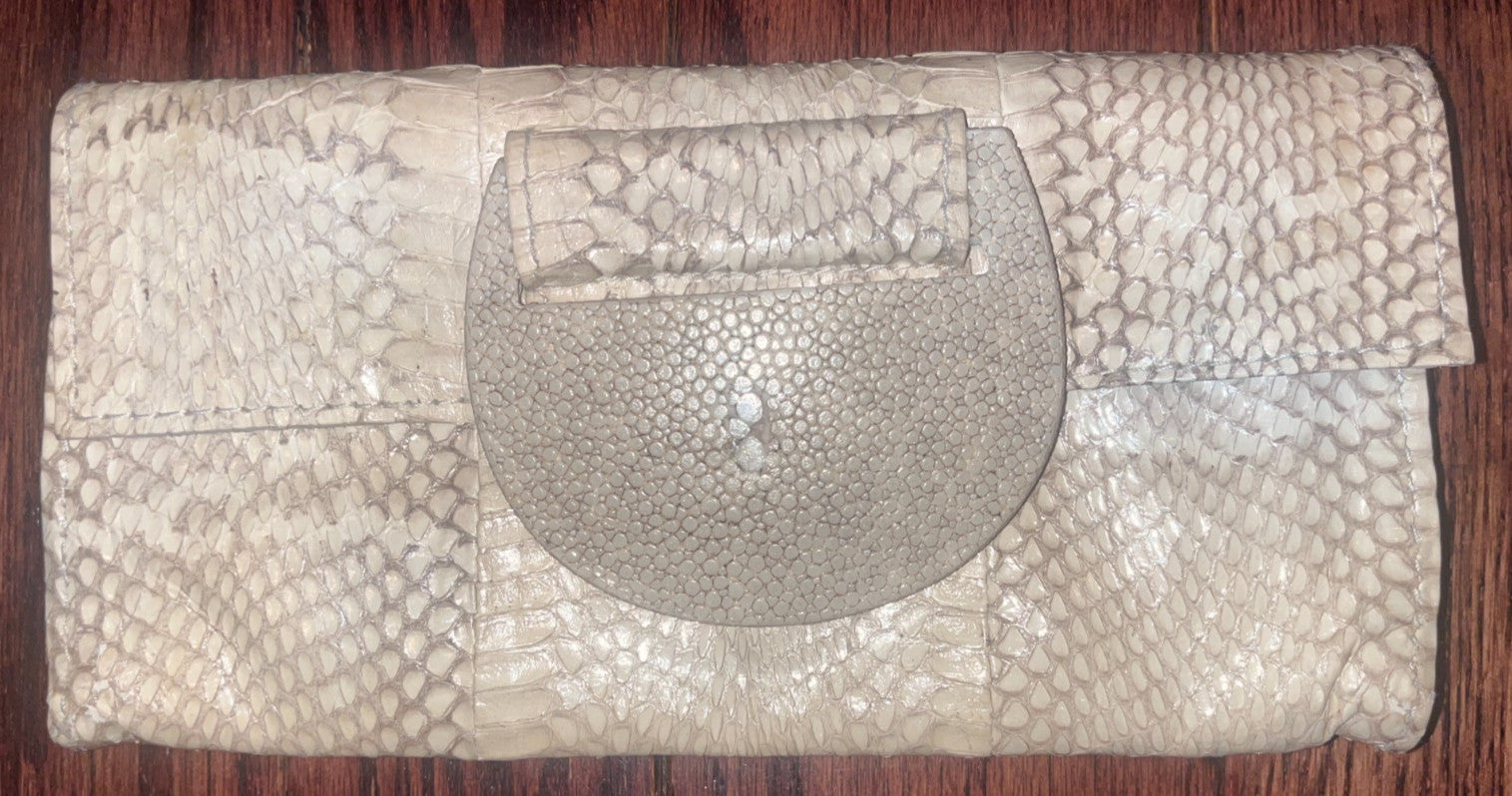 R&Y AUGOUSTI Python Snake Skin Leather Snap Wallet Clutch Ivory Brown Vintage