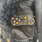 Vintage Black Gold Embellished Leather and Shearling Statement Jacket