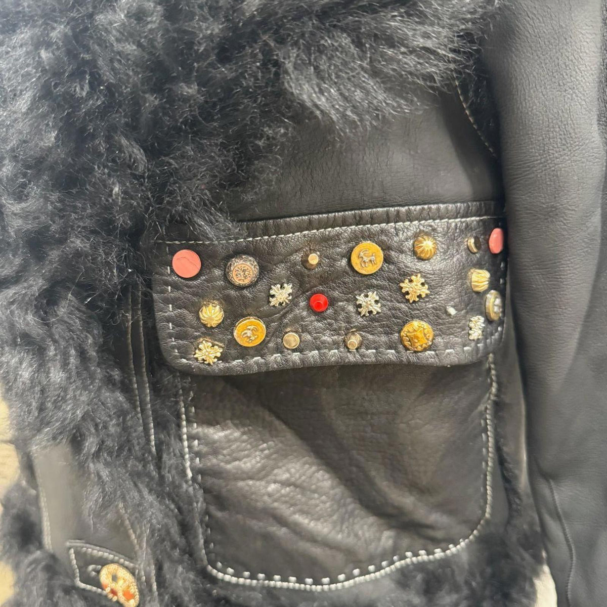 Vintage Black Gold Embellished Leather and Shearling Statement Jacket