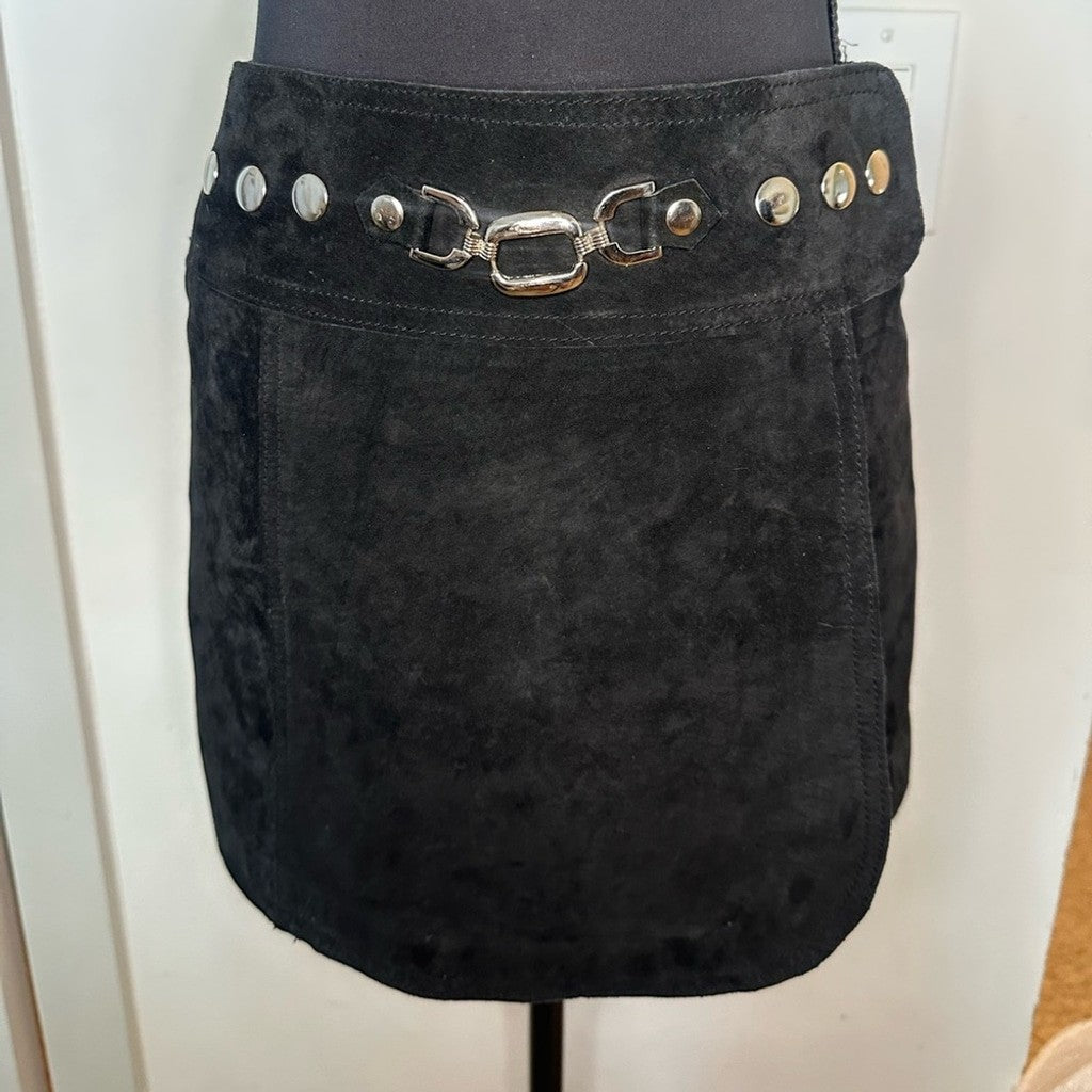 Vintage 00s Bebe black suede mini skirt with buckles & studs Y2K style