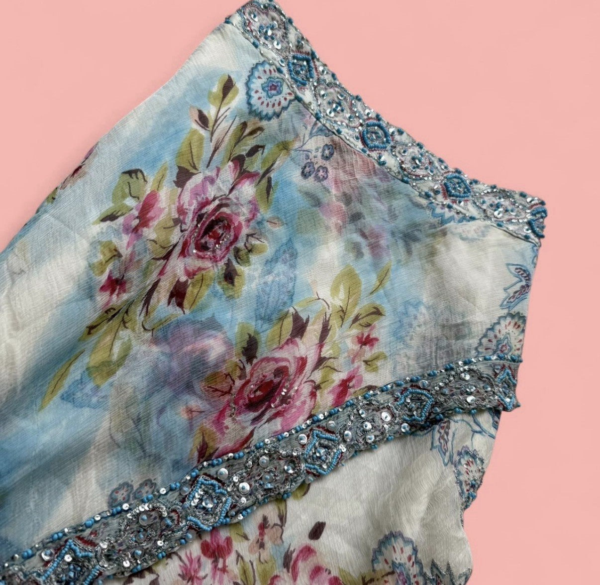 René Derhy Blue Floral Embellished Top and Skirt Set