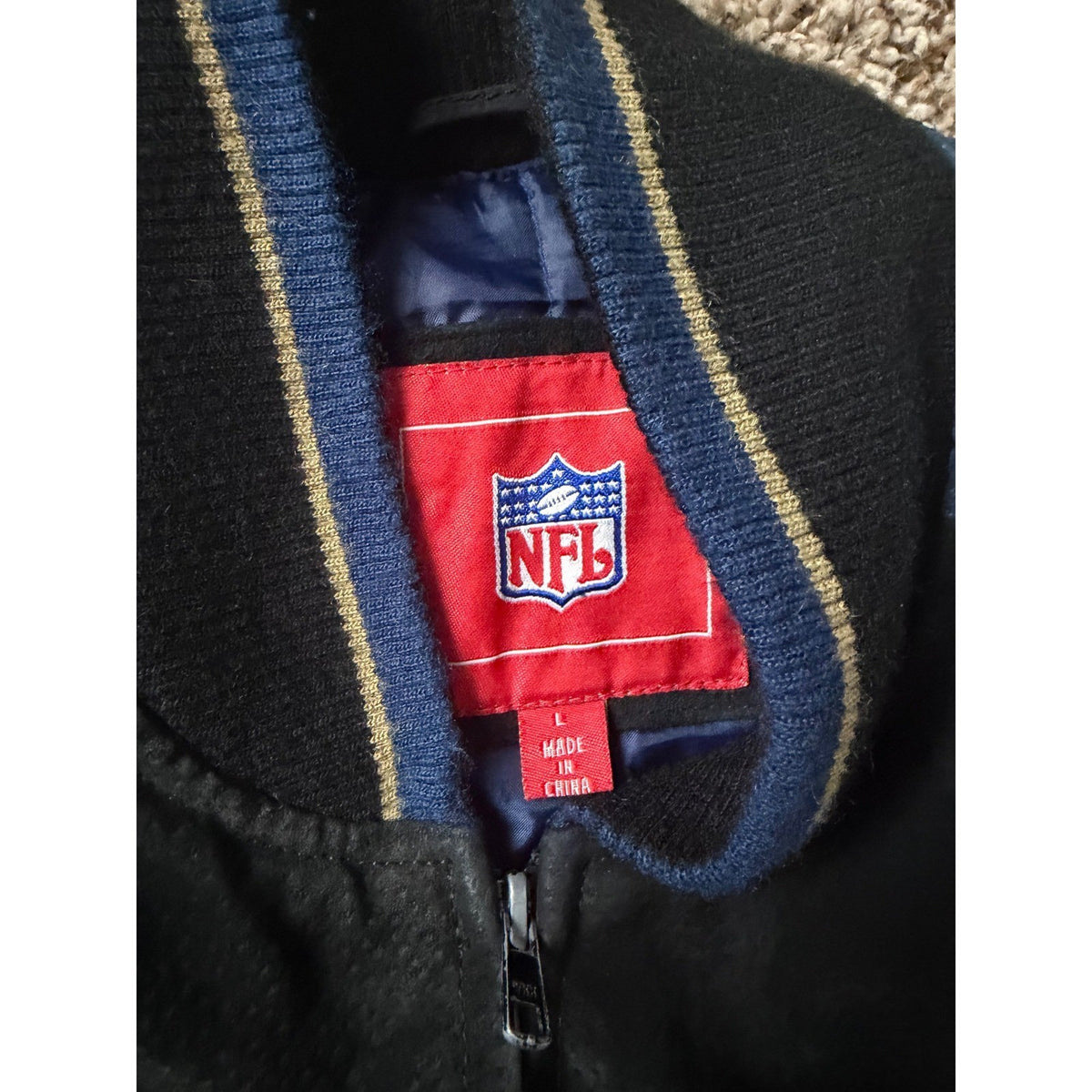 Vintage NFL St Louis Rams Leather Bomber Jacket Large Blue Black