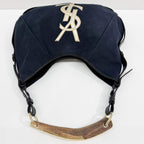 SAINT LAURENT Mombasa YSL Logo Navy Blue Canvas Shoulder Bag