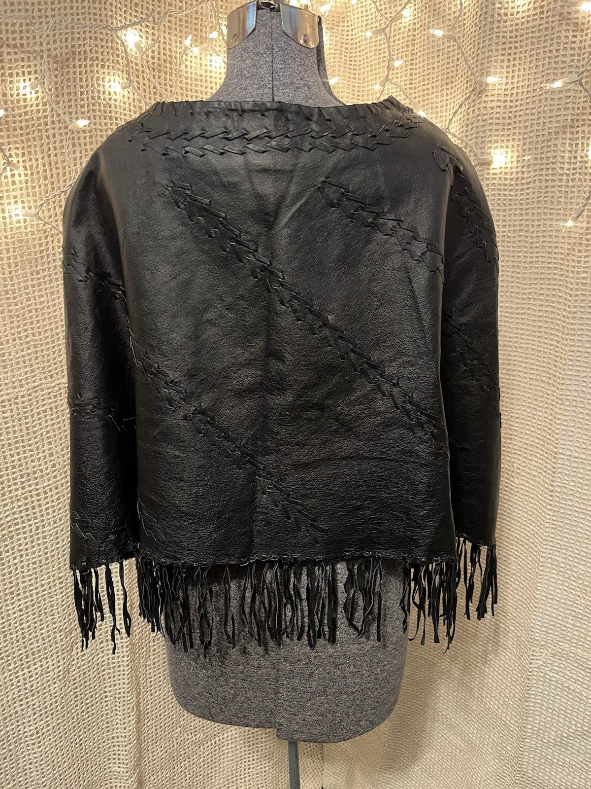 Vintage 90s Black Leather Whip Stitch Fringe Poncho Shawl Black Medium