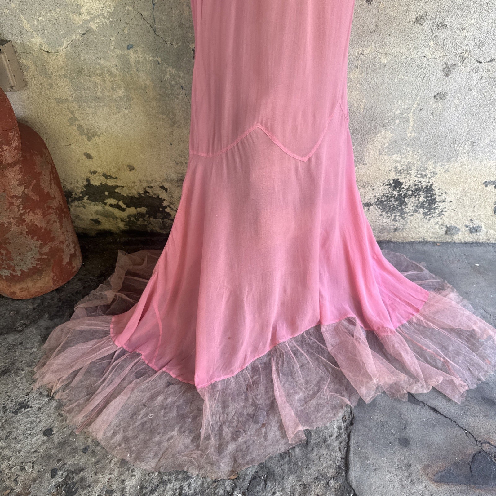 Vintage Late 1920s Early 1930s Bubblegum Pink Silk Chiffon Dress Sheer Ruffle