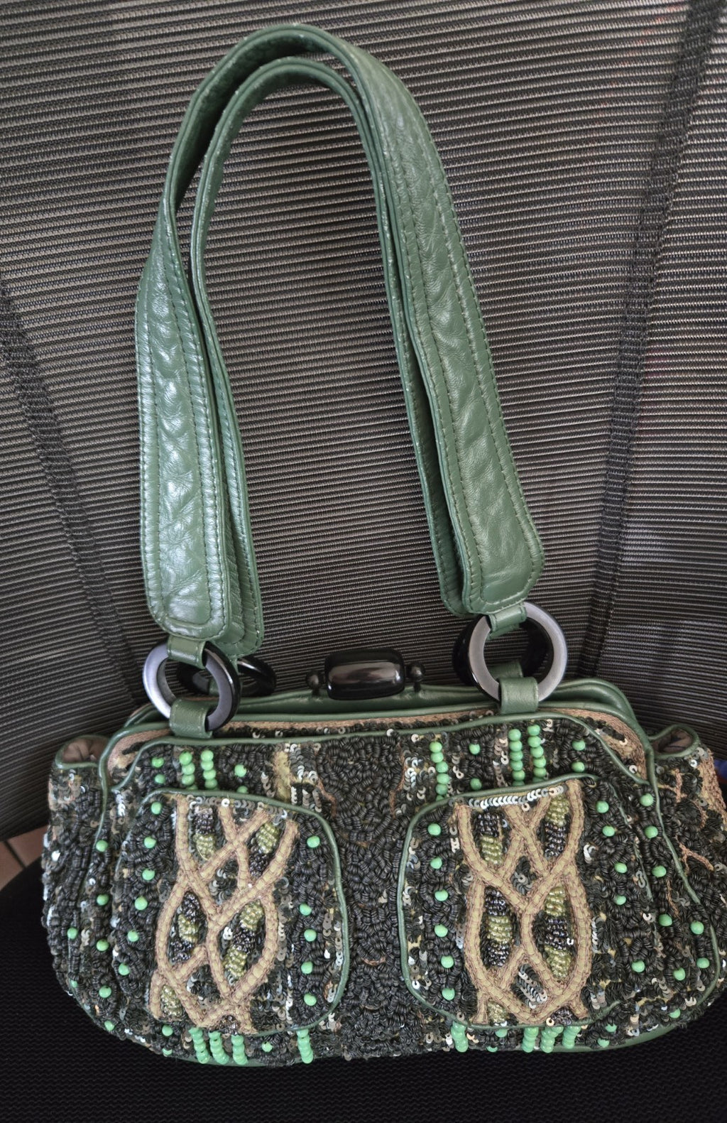 Jamin Puech Paris Beaded Sequin Leather Shoulder Bag Green