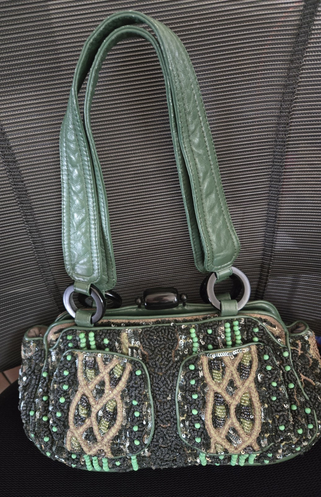Jamin Puech Paris Beaded Sequin Leather Shoulder Bag Green