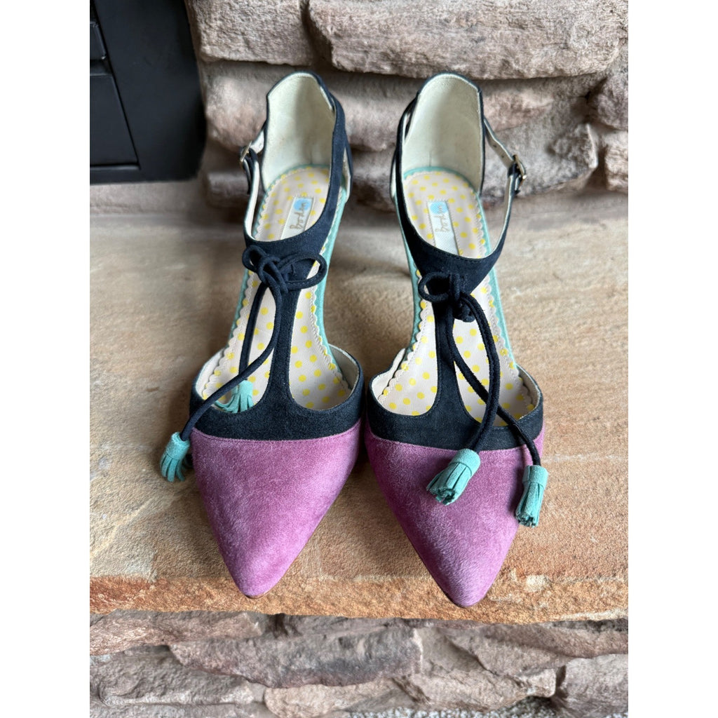 Boden Alice Suede T-Strap Tassel Pointed Toe Pumps Purple Navy Teal EU 37