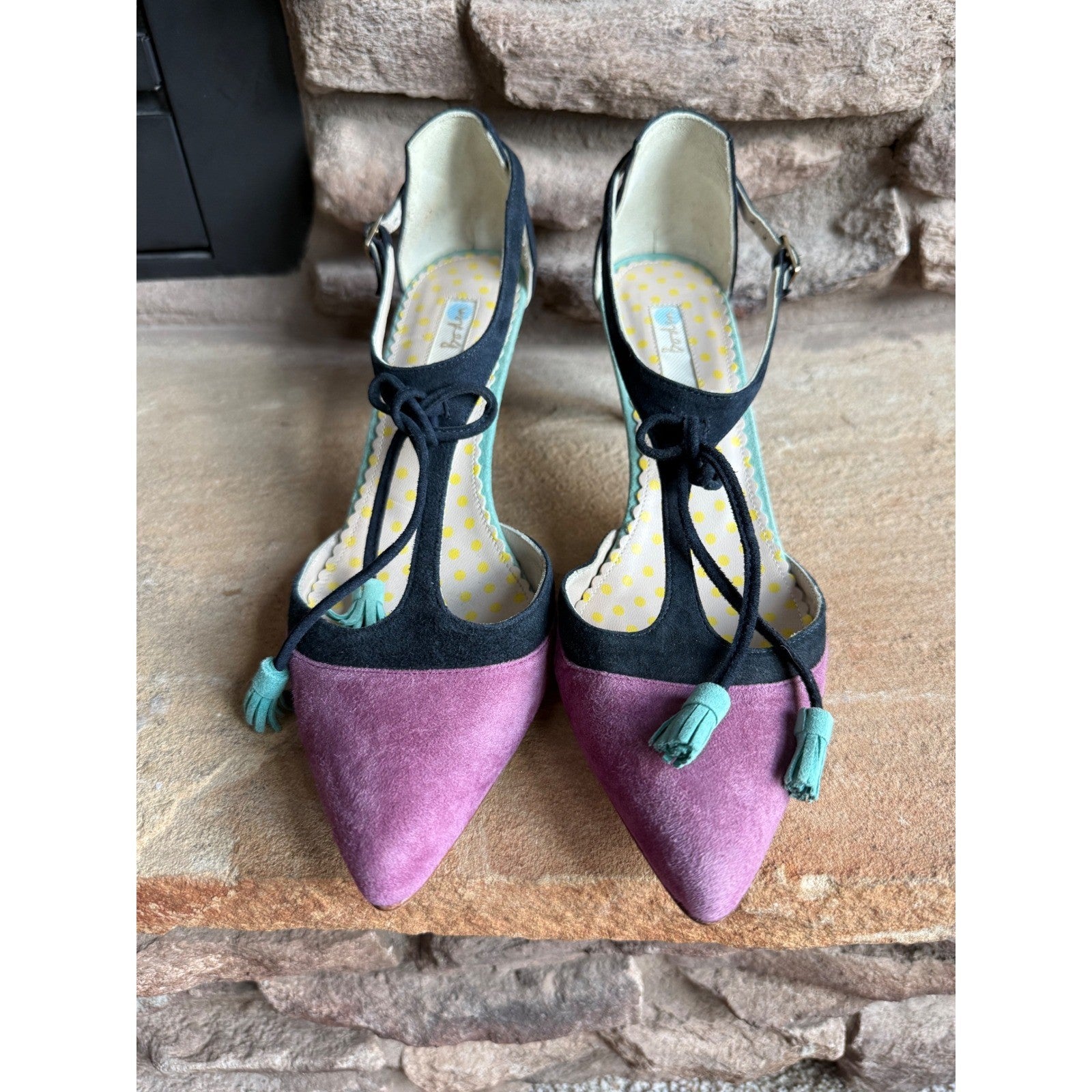 Boden Alice Suede T-Strap Tassel Pointed Toe Pumps Purple Navy Teal EU 37