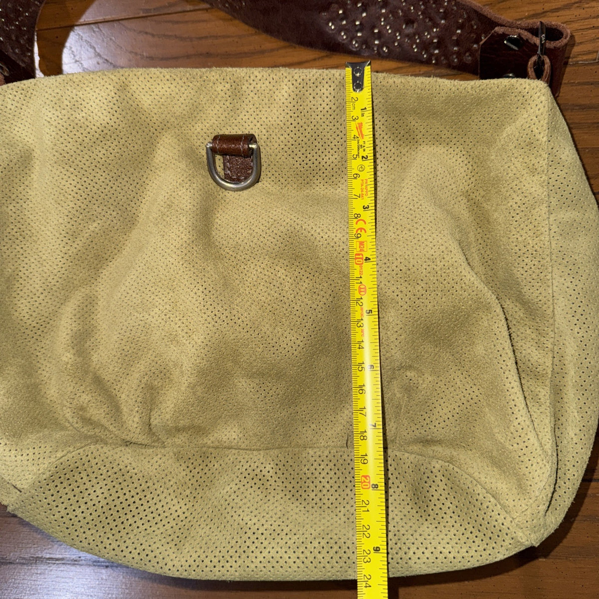 Tylie Malibu Green Perforated Suede Studded Gemstone Strap Bag Small