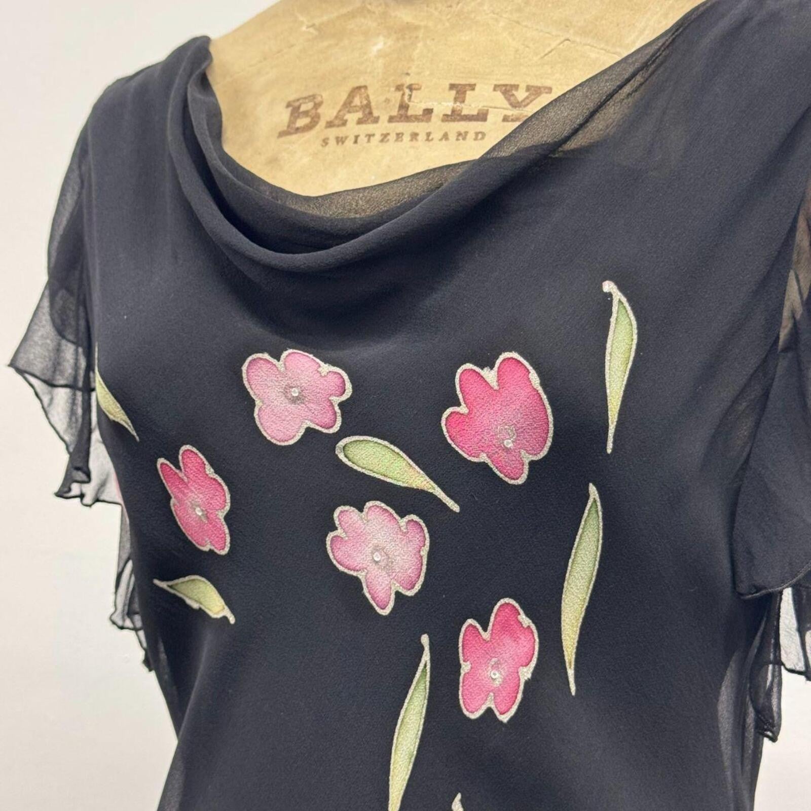 Vintage Y2K Botanical Noir 100% Silk Flutter Sleeve Gown