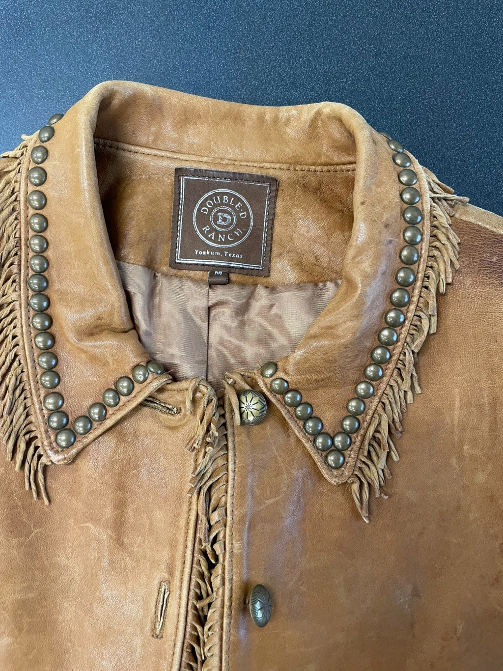 Double D Ranch Leather Jacket Brown Fringe Studded Western Medium
