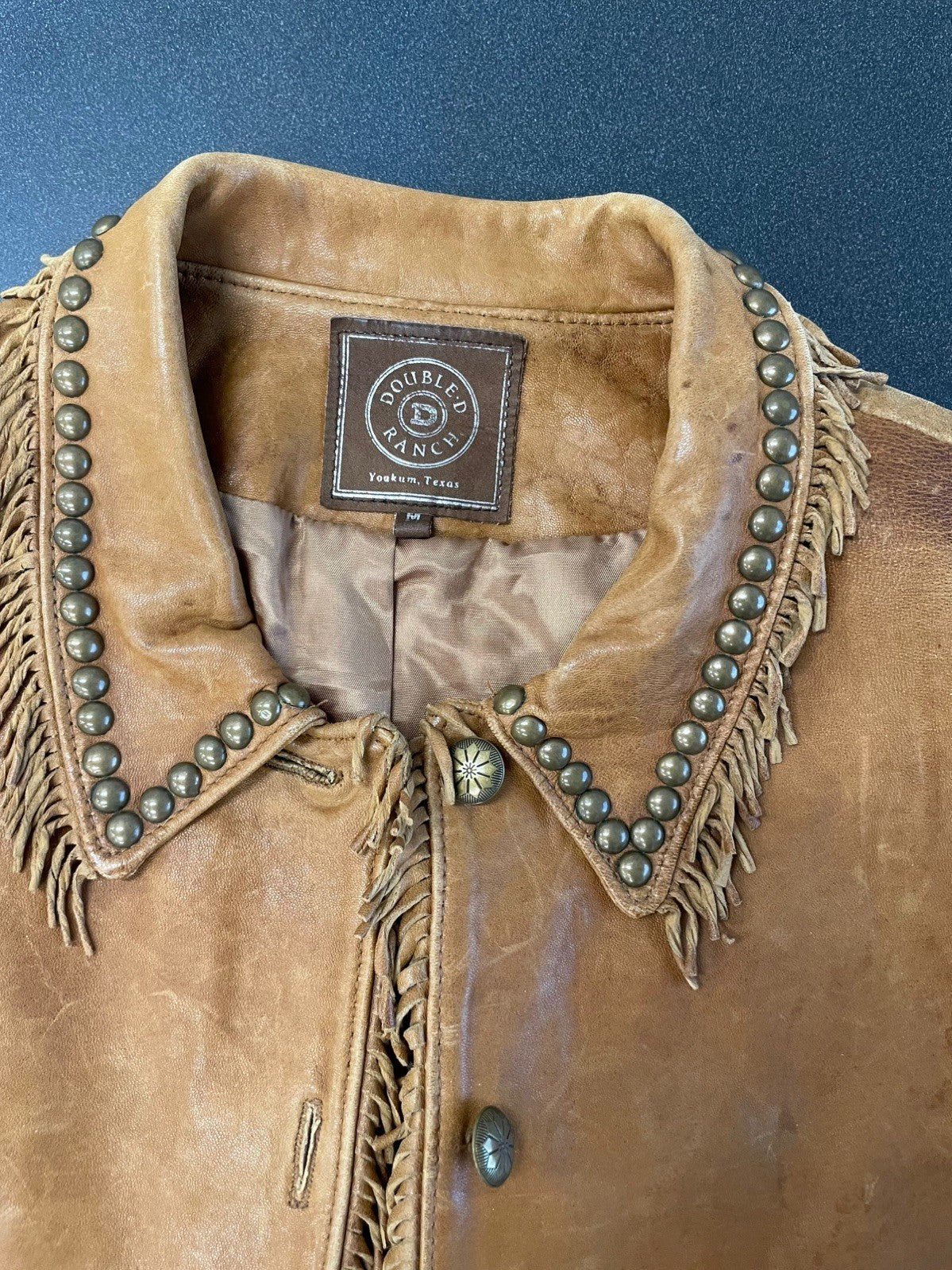Double D Ranch Leather Jacket Brown Fringe Studded Western Medium