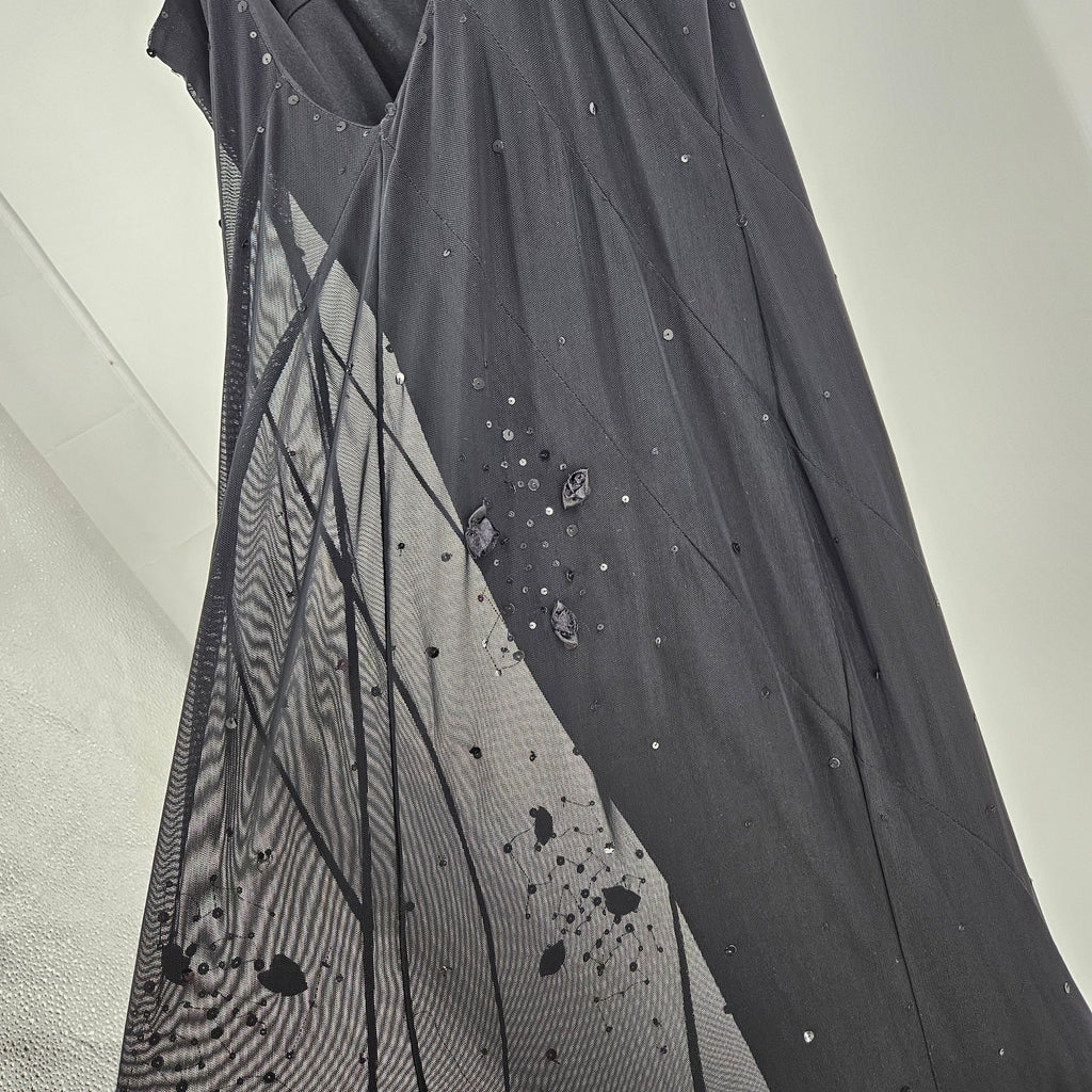 Vintage Cache Dress Black Sequin Flower Mesh Cami
