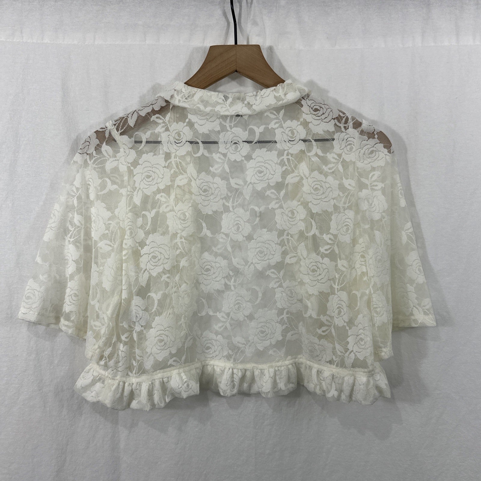 Glamour Ivory Floral Lace Sheer Ruffle Shrug Bolero Cardigan Top Size S