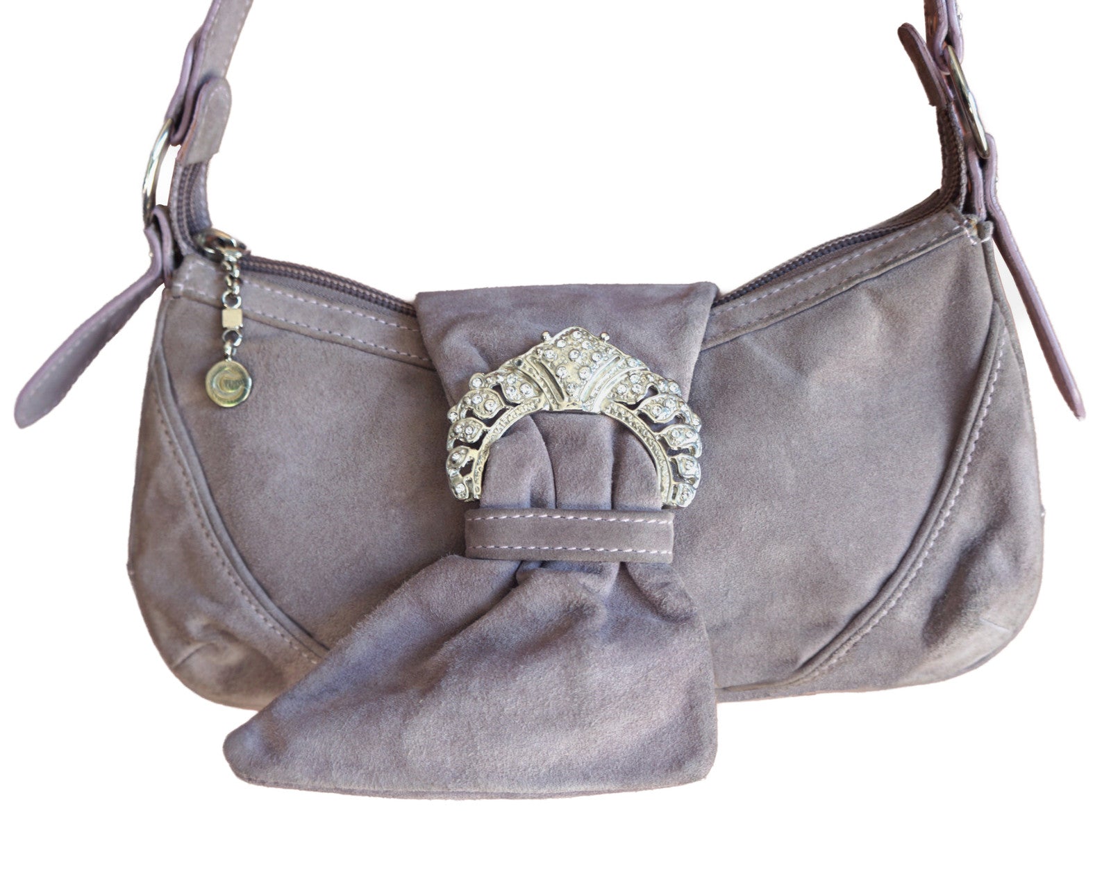 Vintage Y2k CASADEI Taupe Buckle Embellished Suede Evening Shoulder Bag