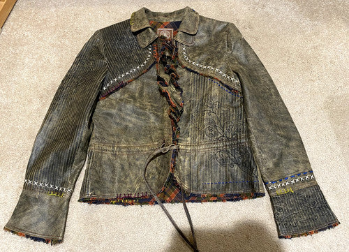 Double D Ranch Leather Jacket Country Western Bolero Embroidered Distressed DD M