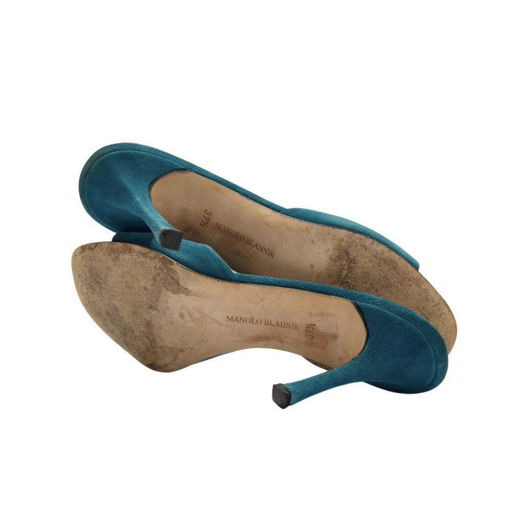 Manolo Blahnik Blue Floral Eyelet Laser Cut Suede Heels