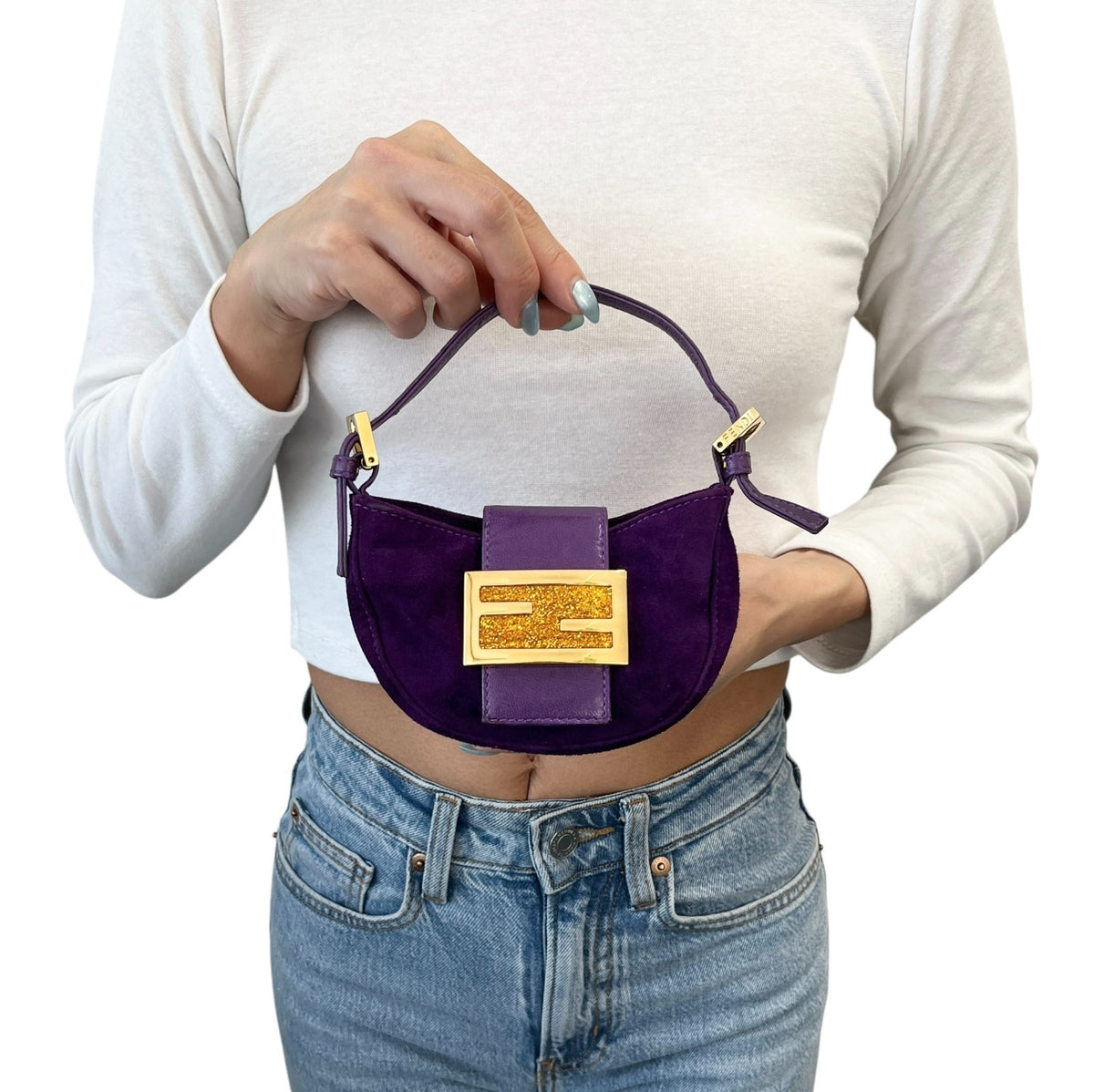 FENDI Vintage FF Logo Micro Croissant Suede Pochette Mini Bag Purple Glitter