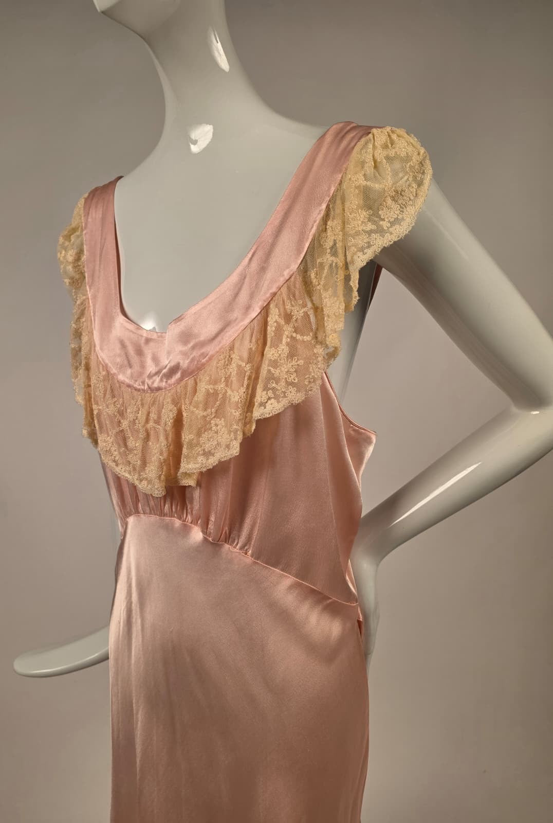1930s Pink Satin Slip Dress with Ivory Ruffle Lace Top