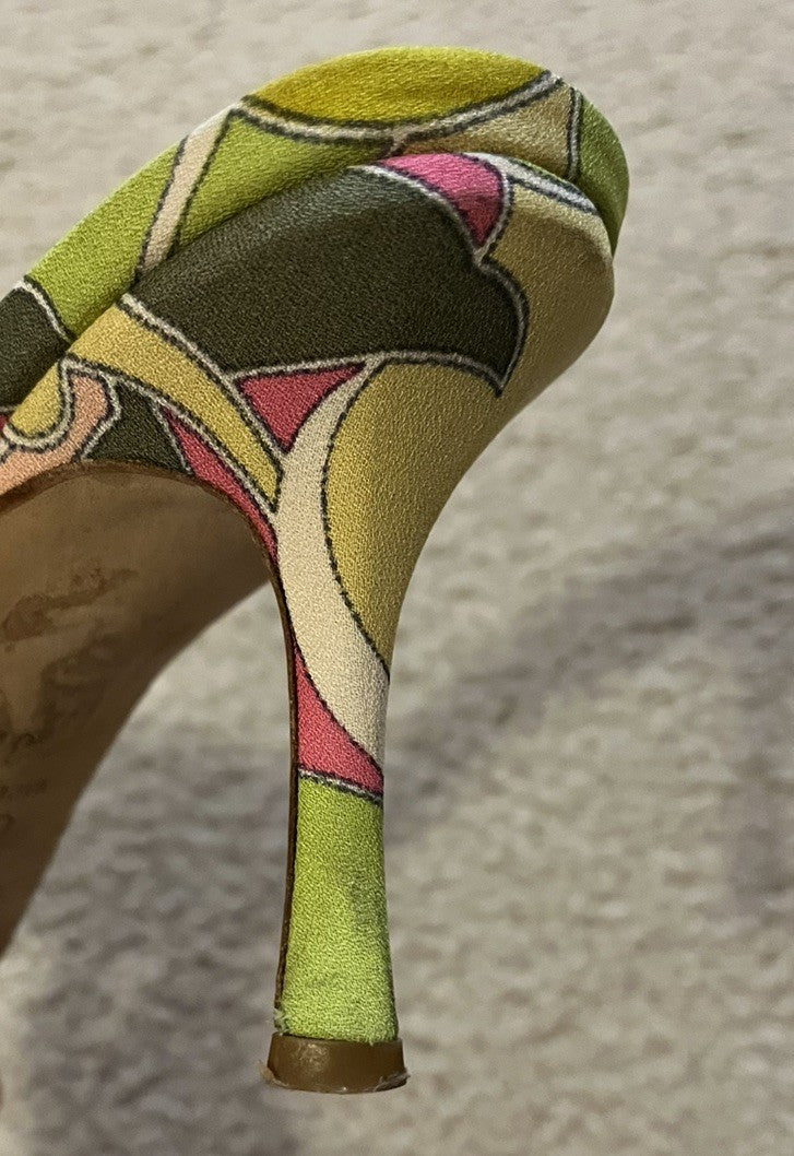 Vintage JIMMY CHOO Green & Pink Open Toe Pucci Print Heels, Made In Italy, 36