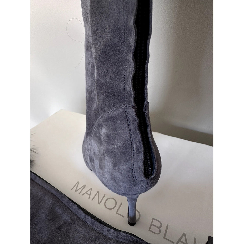 $1995 Manolo Blahnik Likanskim Boots Fur Suede Tall Womens Shoes Gray Size 37.5