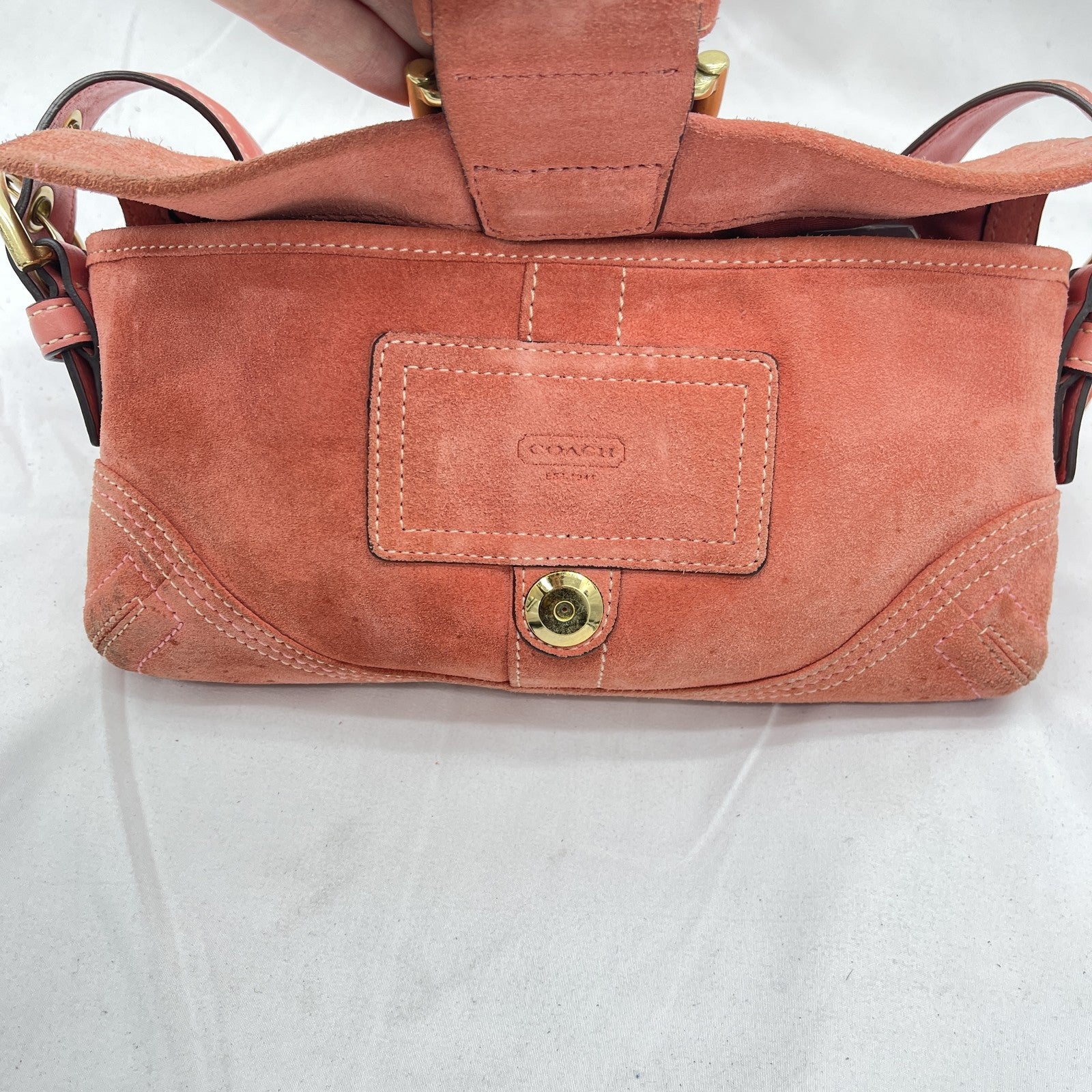 Vintage Coach Y2K Demi Soho Flap Shoulder Bag Suede 8A18 Salmon Pink Pre-Owned