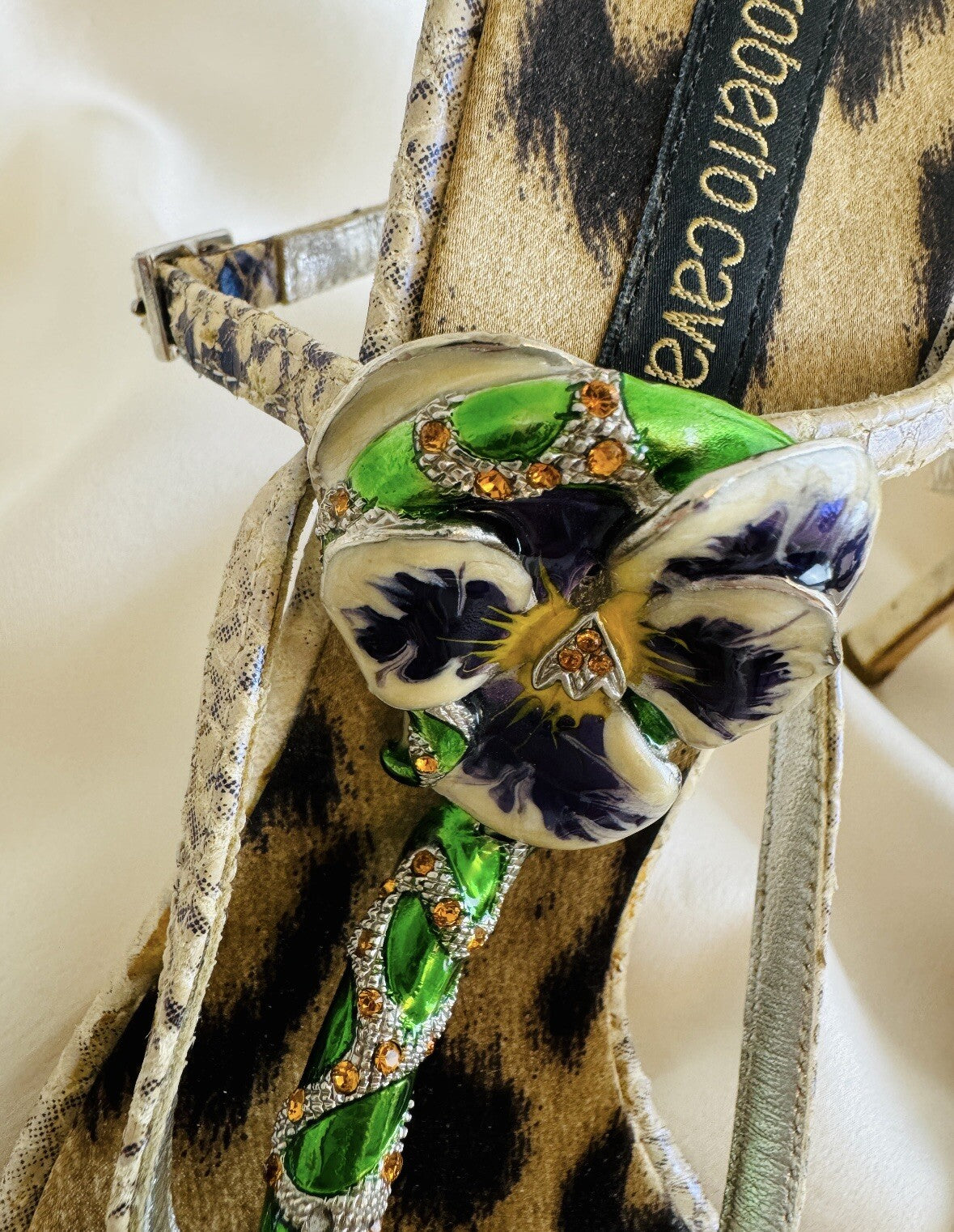 Roberto Cavalli 2000s Snake and Flower Enamel Rhinestone Heels