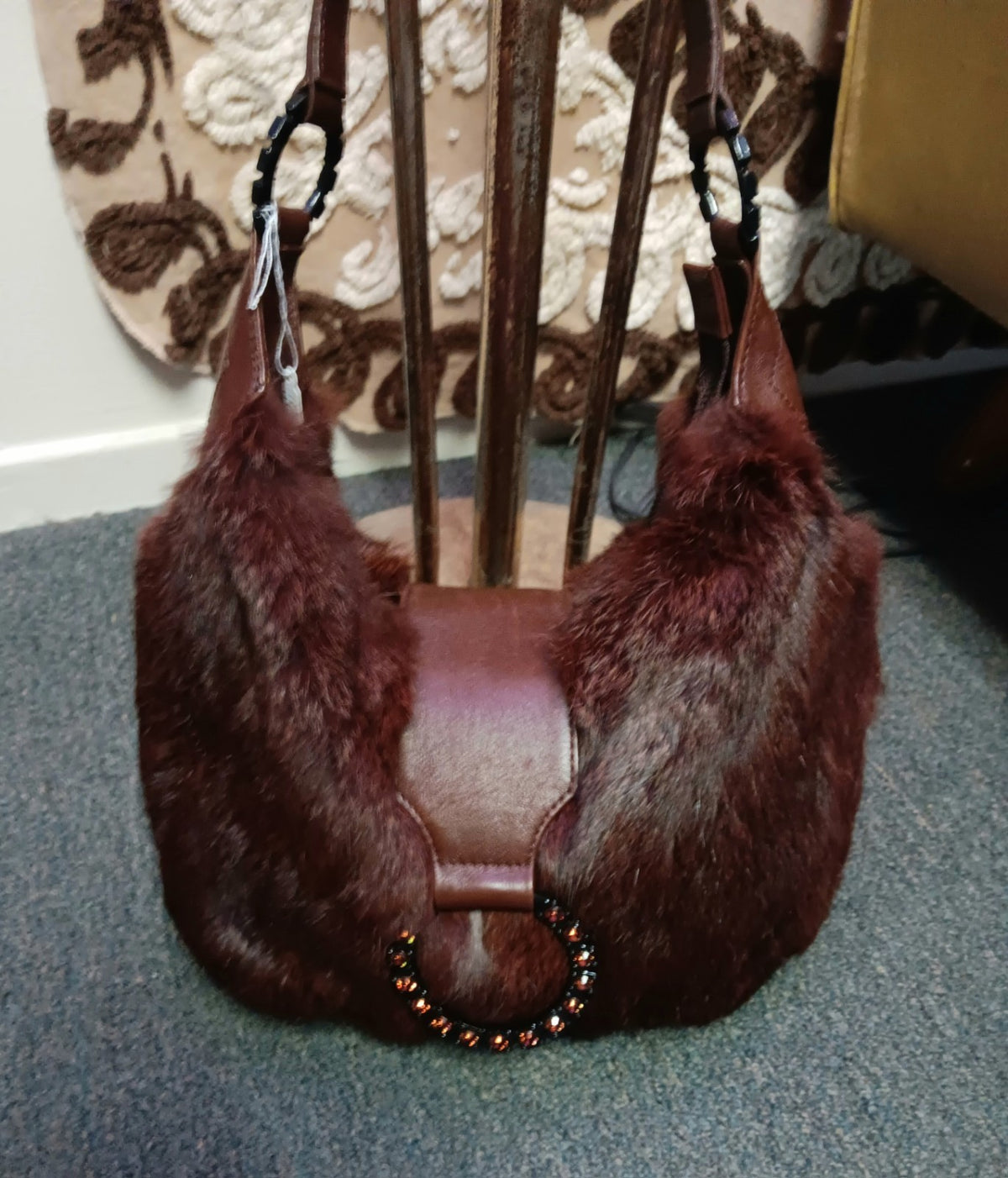 Isabella Fiore Rabbit Fur Shoulder Bag Brown Y2K