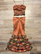Y2K Euro Brown Floral Beaded Silk Two Piece Top and Skirt Small Medium