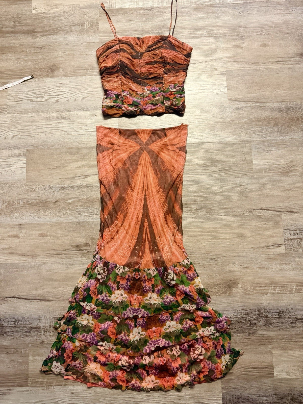 Y2K Euro Brown Floral Beaded Silk Two Piece Top and Skirt Small Medium