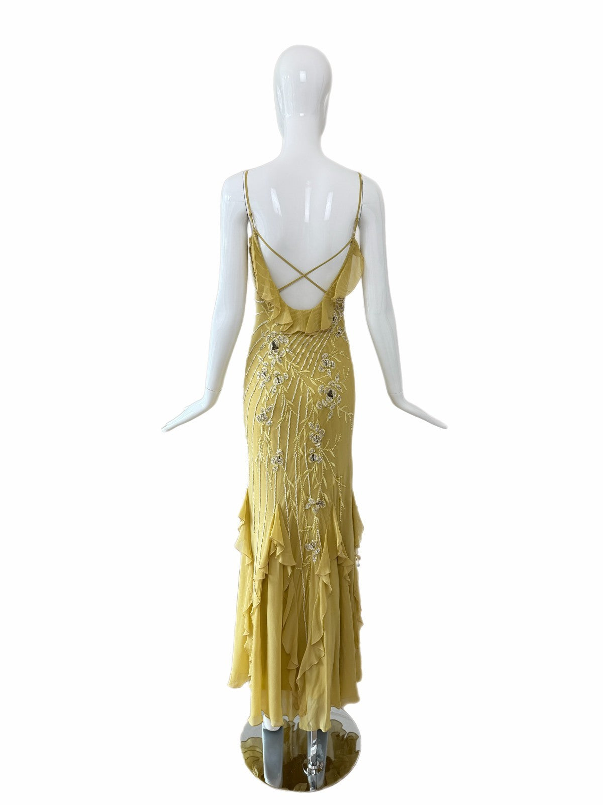 Sue Wong 2005 Chartreuse Silk Floral Beaded Ruffle Gown