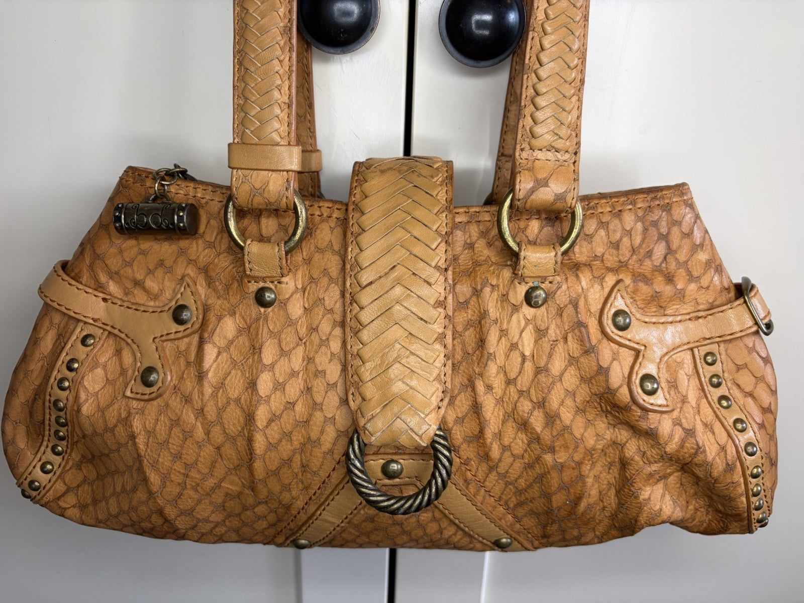 Babeed Brown Leather Snake Print Shoulder Bag