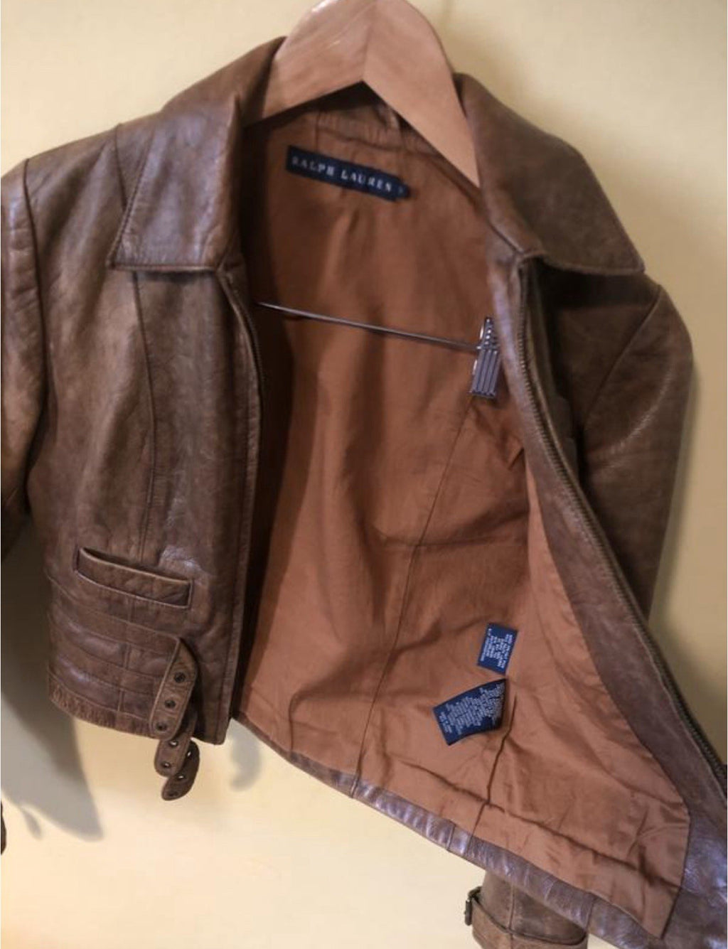Ralph Lauren Blue Label Aviator Strap Leather Jacket Brown Extra Small Small